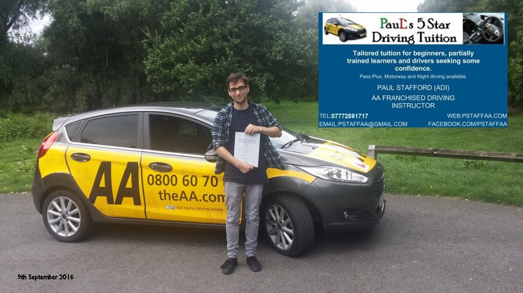 Test Pass Pupil Joshua Rigby with Paul's 5 Star Driving Tuition
